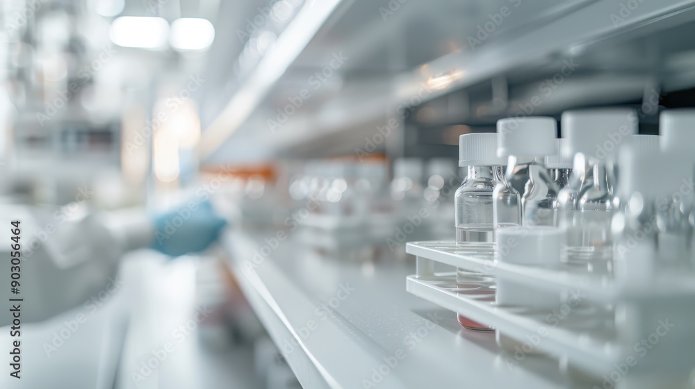 Poster numerous vials filled with liquids are lined up on a laboratory shelf, representing meticulous scien