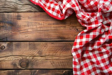 Fototapeta premium Picnic Border. Red Gingham Tablecloth on Kitchen Table Background