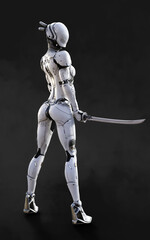 3d illustration of A woman cyborg ninja pose with katana sword on black background with Clipping Path.