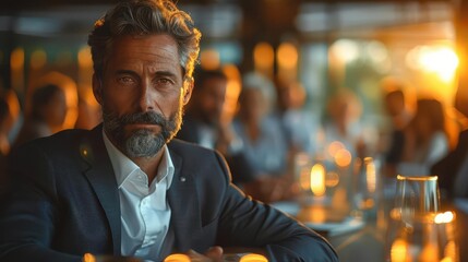 Businessman in Suit Looking at Camera in Restaurant.