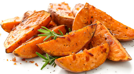 Thanksgiving candied yam wedges with rosemary, a sweet and savory side dish for holiday celebrations and family dinners. Roasted sweet potato wedges with rosemary and black pepper on white.