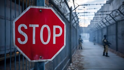 stop sign in a guarded path with armed men 