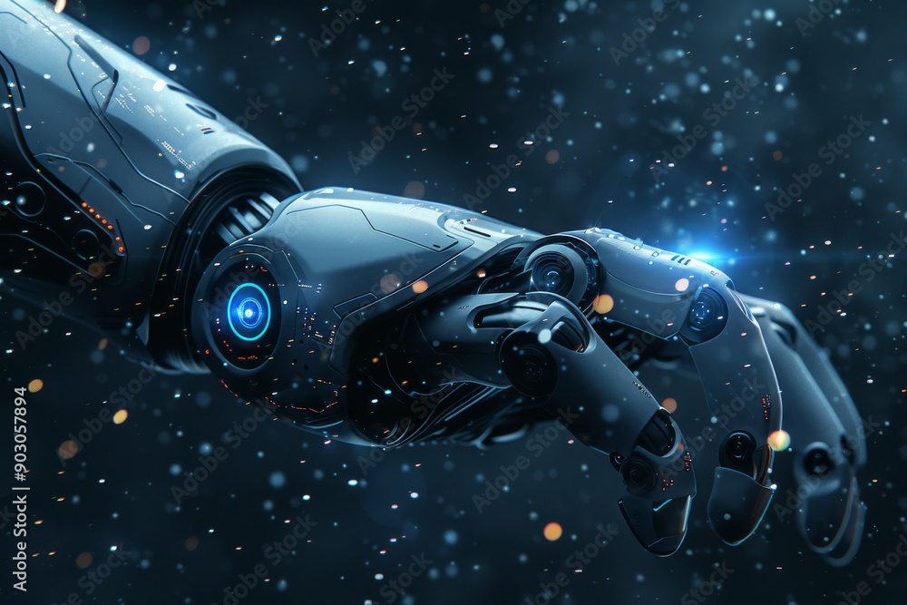 Poster robotic hand with blue and black lights in a futuristic setting highlighting advanced technology and