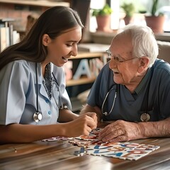 Fototapeta premium Nurse Assisting Senior man with Alphabet Puzzle in Geriatric Clinic 