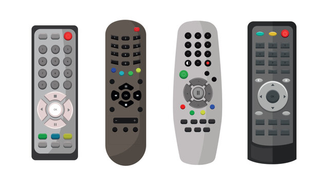 Set of beautiful TV remote controls in cartoon style. Vector illustration of modern remote controls of different shapes and types with colored buttons isolated on white background. Electronic device.