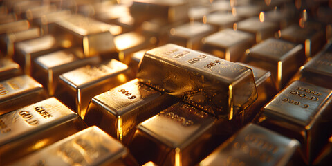 Close up of gold bar reflecting currency bundles minimalist style with vibrant lighting, Illustration Of Gold Bars In 3d Rendering Background, GENERATIVE AI



