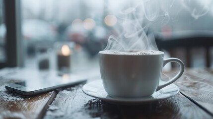 A steaming cup of coffee on a rustic wooden table with a smartphone nearby, suggesting a moment of relaxation, warmth, and connection, perfect for a cozy café experience.