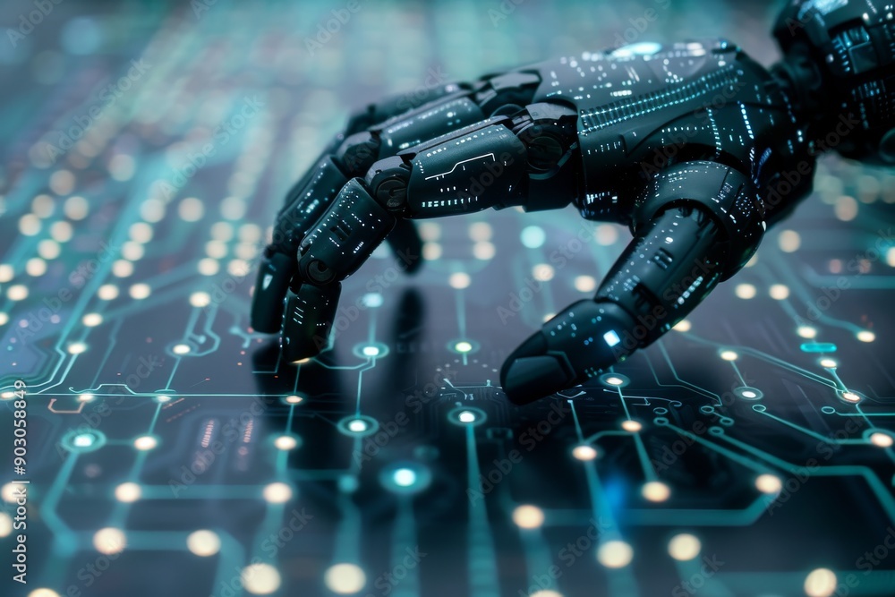 Poster robotic hand with blue circuits on a digital grid showcasing advanced technology and intricate desig