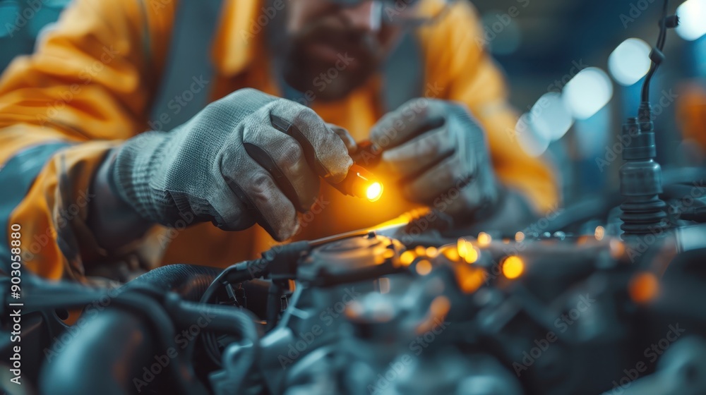 Poster a mechanic engages in igniting engine components with a tool, emphasizing repair and diagnostics in 