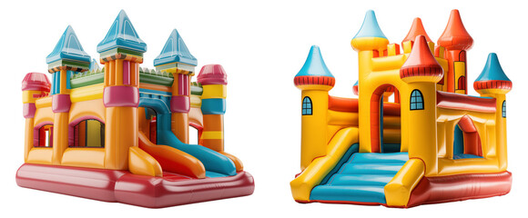 Set of outdoor inflated bouncy castles. Children entertainment attraction.