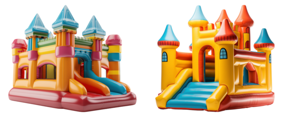 Set of outdoor inflated bouncy castles. Children entertainment attraction.