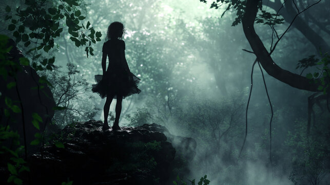 Silhouette of a mythical creature in a dark fantasy forest
