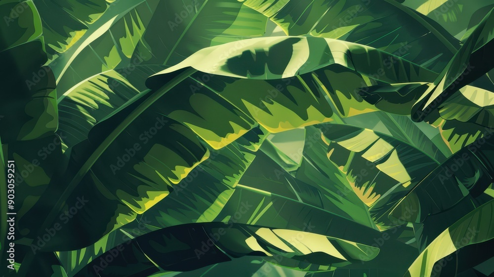 Poster a tropical scene with overlapping banana leaves and subtle shadows, adding depth and a natural touch
