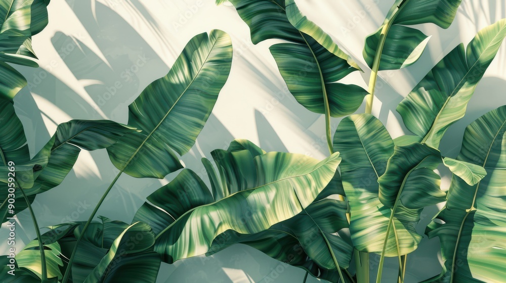 Poster a tropical scene with overlapping banana leaves and subtle shadows, adding depth and a natural touch
