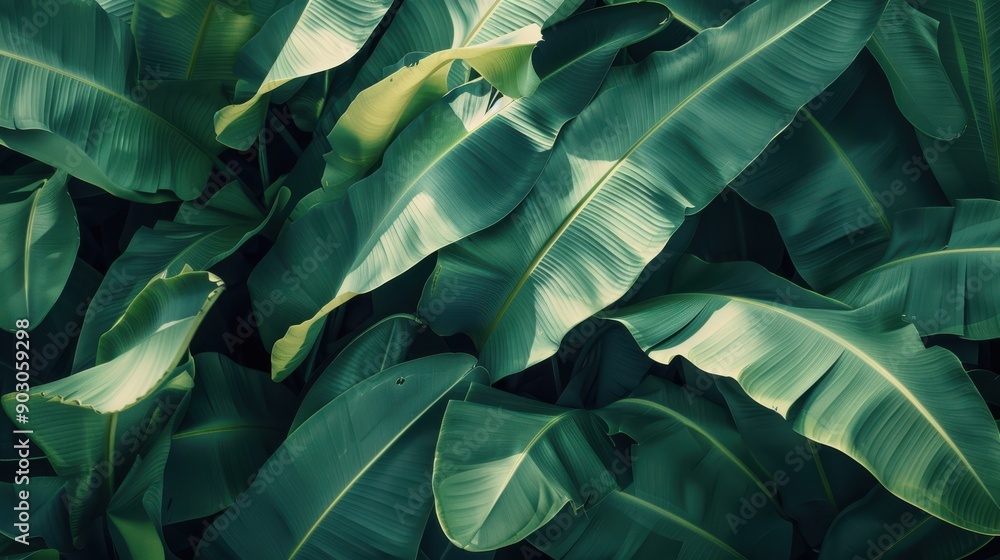 Poster a tropical scene with overlapping banana leaves and subtle shadows, adding depth and a natural touch
