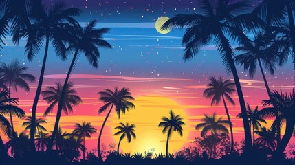 Obraz premium A tropical palm tree background with silhouettes against a colorful sunset sky, creating a relaxed and exotic vibe