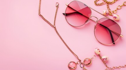 A stylish pair of sunglasses and accessories laid out on a pink background, perfect for fashion and lifestyle concepts.