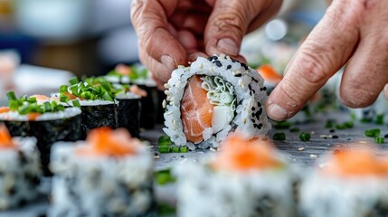 An intricate and close-up image of beautifully crafted sushi rolls, showcasing the meticulous hand preparation and attention to detail in crafting this exquisite Japanese delicacy.