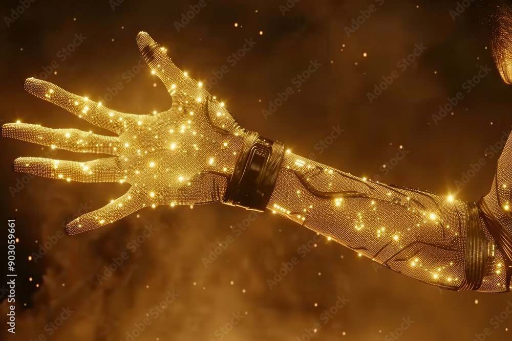 Aufkleber robotic hand with glowing yellow lights in a dark setting highlighting advanced technology and sleek