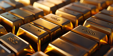 High angle aesthetic wallpaper with gold bars, Macro View Of Rows Of Gold Bar, GENERATIVE AI

