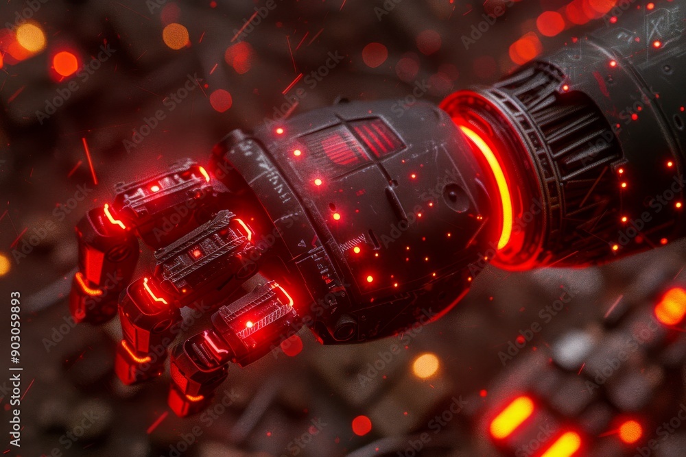 Poster futuristic robotic hand with red lights showcasing advanced technology and intricate design in a hig