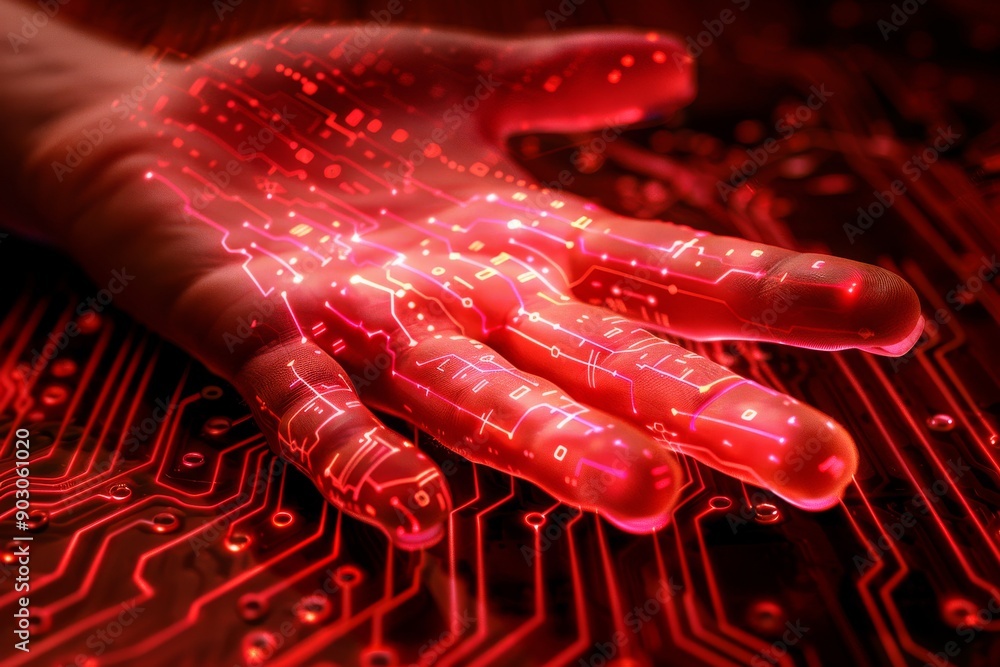 Poster red neon lit robotic hand in a dark setting highlighting advanced technology and sleek design in a h