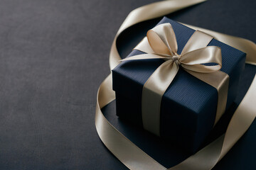 Dark blue gift box with gold ribbon on dark background with copy space.