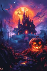 Chilling Haunted Mansion With Pumpkins Under Full Moon During Halloween Night