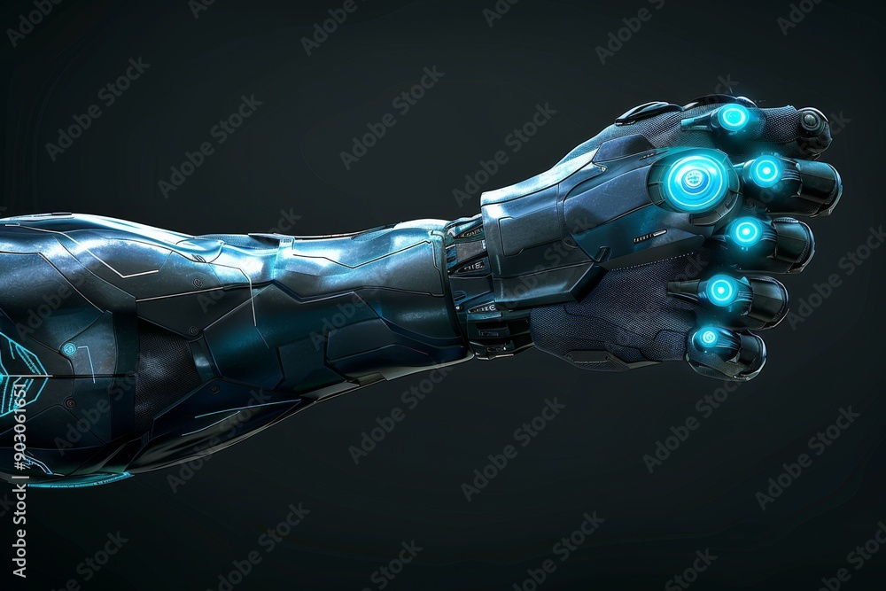 Poster silver and blue robotic hand with glowing circuits showcasing advanced technology and intricate desi