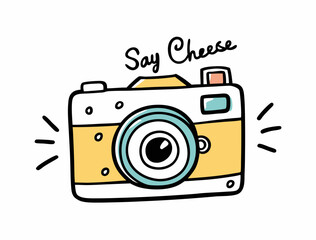 Hand draw Photo Camera Line Poster with the words Say cheese. Vector illustration in Simple Doodle Style