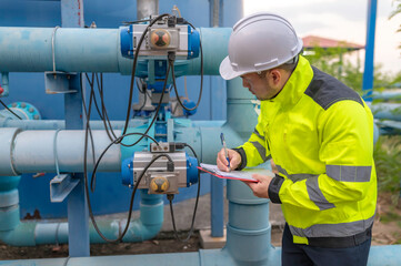 Engineer and technician maintenance checking technical data of system equipment Condenser Water...