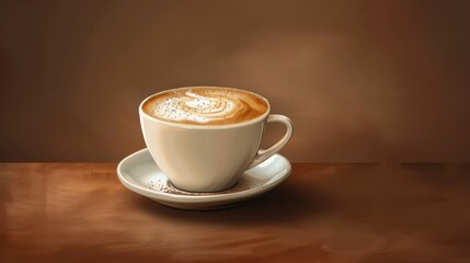 Fototapeta premium A warm cup of cappuccino on a brown background, capturing the essence of comfort and relaxation.