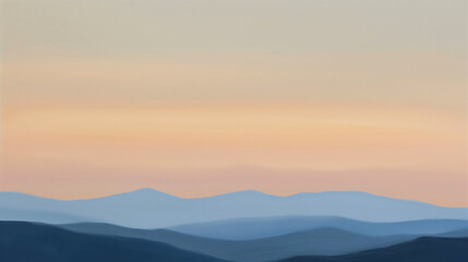 Dominating the top half is a vast sky painted in hues of orange, peach, and soft yellow, suggesting either a sunrise or sunset. Below the sky, a series of mountain ranges are depicted