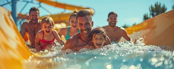 A joyful family enjoying a summer day at a water park, sliding down a water slide and splashing in the pool.