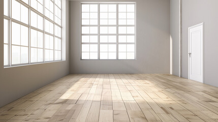 An empty room with a wooden floor. There are three large windows on the left side, each with multiple panes, allowing sunlight to filter in. The walls are painted in a light gray shade
