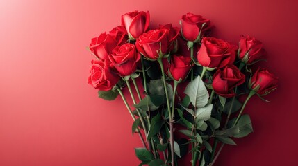 Fototapeta premium A vibrant bouquet of red roses arranged elegantly against a red background, perfect for romantic and Valentine's Day themes