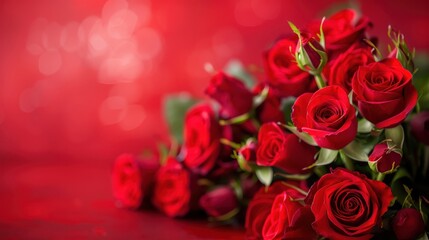 A vibrant bouquet of red roses arranged elegantly against a red background, perfect for romantic and Valentine's Day themes