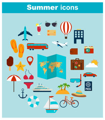 Travel composition with flat design icons. Summer background. Vector illustration