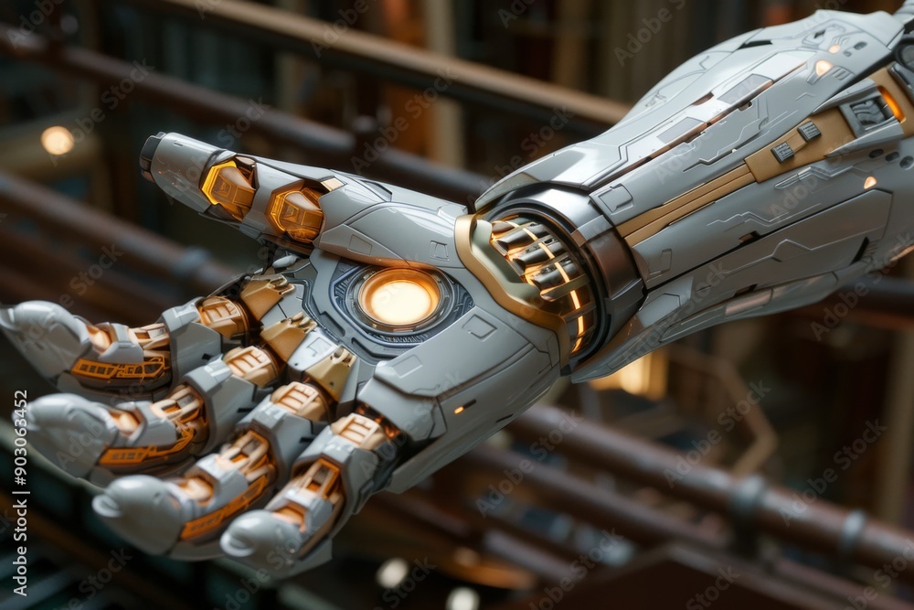 Poster golden robotic hand with intricate design on a metallic surface highlighting advanced technology in 