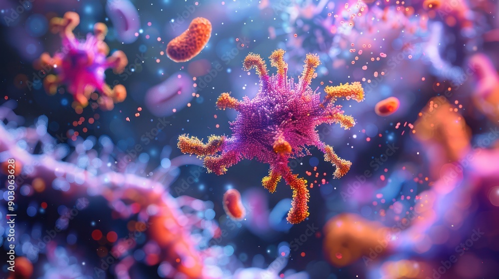 Poster close-up view of colorful microbes in a vibrant environment, showcasing intricate details in a micro