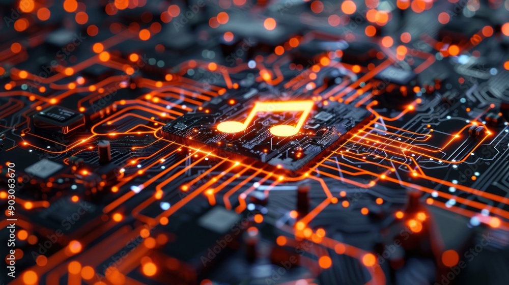 Poster a close-up of a music note symbol embedded in a vibrant circuit board, illustrating the fusion of te