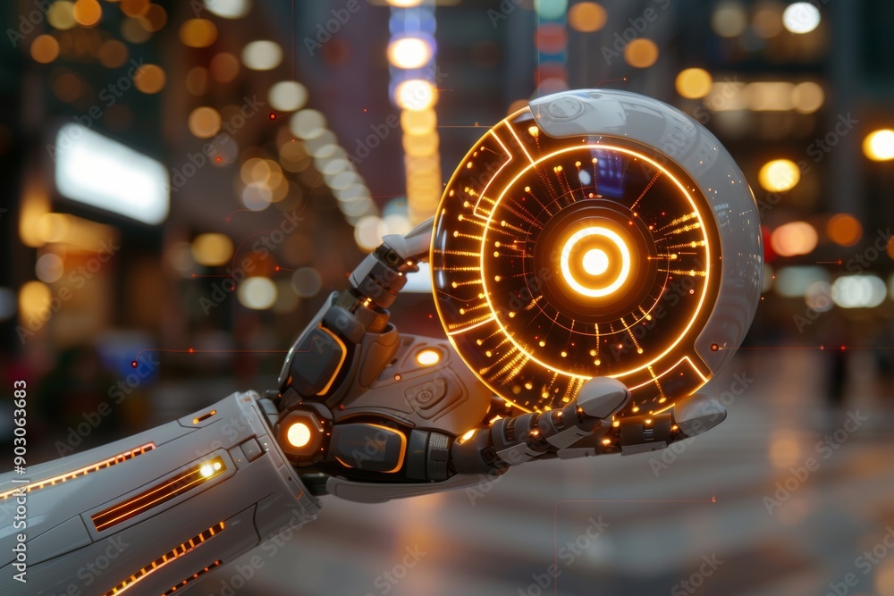 Poster robotic hand with orange lights and mechanical design showcasing advanced technology and intricate d