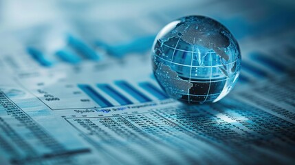 A crystal globe sits on financial data, symbolizing global markets and analytics in a digital age with blue tones and graphs.