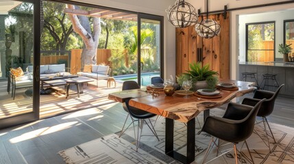 Obraz premium A contemporary dining room with a live-edge wooden table