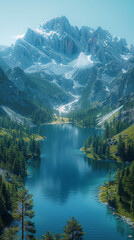 Aerial view of Lago Antorno, Dolomites, Lake mountain landscape