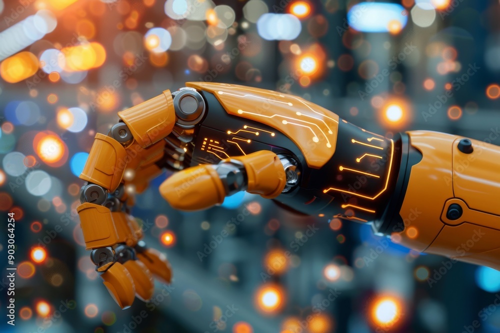 Poster robotic hand with yellow lights in an urban setting showcasing advanced technology and sleek design 