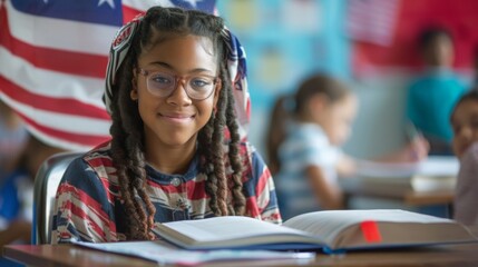 A young student smiles as she studies at her desk in a vibrant classroom decorated with an American flag.