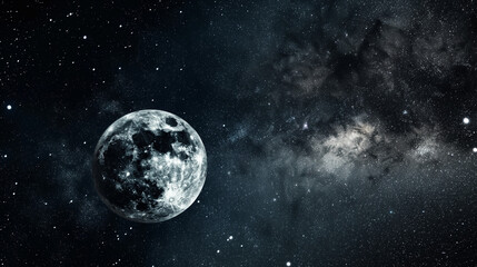 Fototapeta premium A mesmerizing view of the moon set against a vast expanse of space filled with stars. The moon appears to be in its full phase, displaying its detailed craters and surface patterns