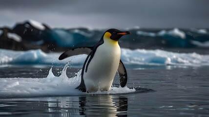 Obraz premium Emperor penguins run across the ice to the water in the Arctic.