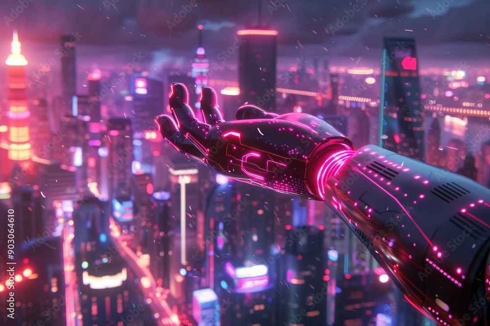 Poster robotic hand with red neon lights in a futuristic cityscape highlighting advanced technology and sle